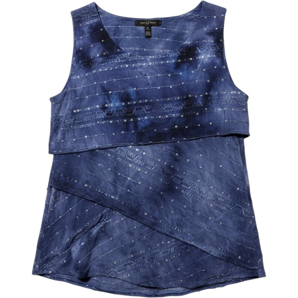Dressbarn Vintage Blue Tie Dye Sequin Asymmetrical Layered Sleeveless Top Large